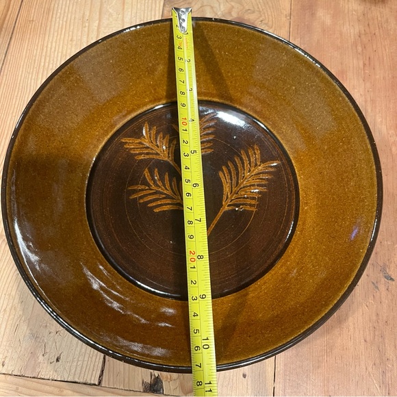 Jugtown Stoneware Pottery, Organic Two Tone Dark Browns, Leaf Print, 10 1/2” - Picture 4 of 6